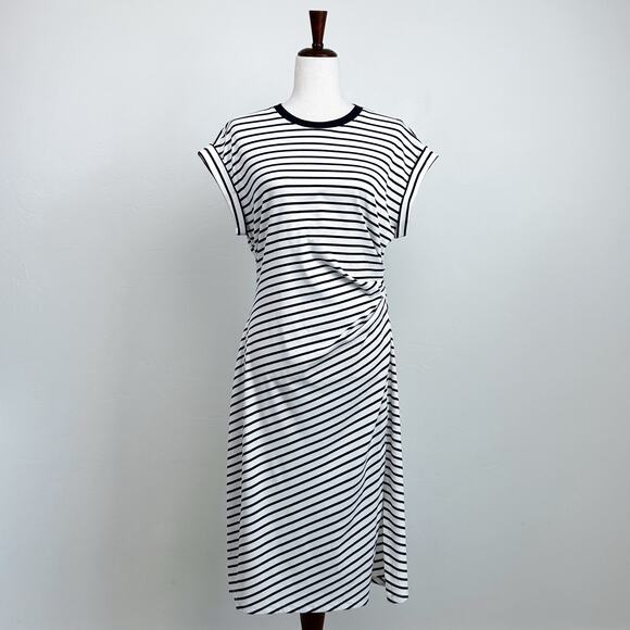 Goelia Navy Stripe Cap Sleeve Crewneck Side Slit Dress NWT - Picture 2 of 11